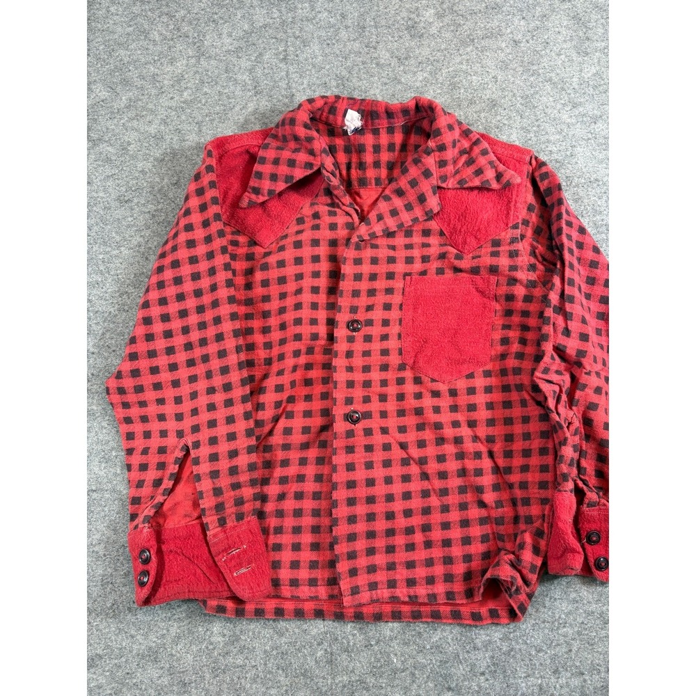 VTG 60s Boyville Sears Sanforized Flannel Buffalo Check Shirt Youth 8 Red Black